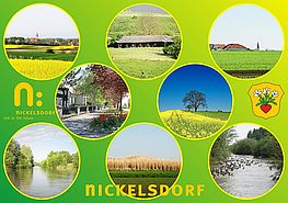 Bild zeigt Ansichtskarte mit Motiv Umgebung von Nickelsdorf, verschiedene Dorfansichten, Felder, Leitha, Grillplatz am Heidl