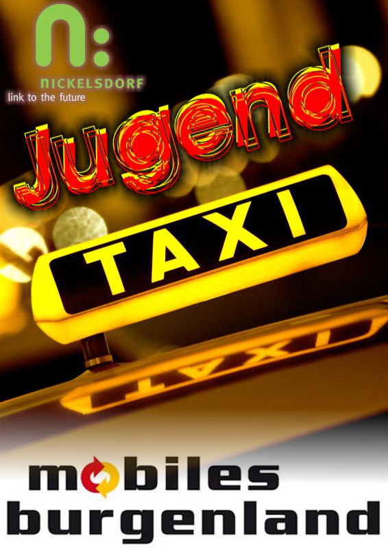 Bild zeigt Schriftzug Jugend Taxi, Logo Nickelsdorf link to the future und Logo des Vereins Mobiles Burgenland